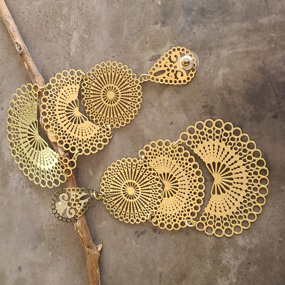 MOROCCO Gold Filigree Disc Earrings Long Boho Statement Festival Dangle Discs - Picture 7 of 9